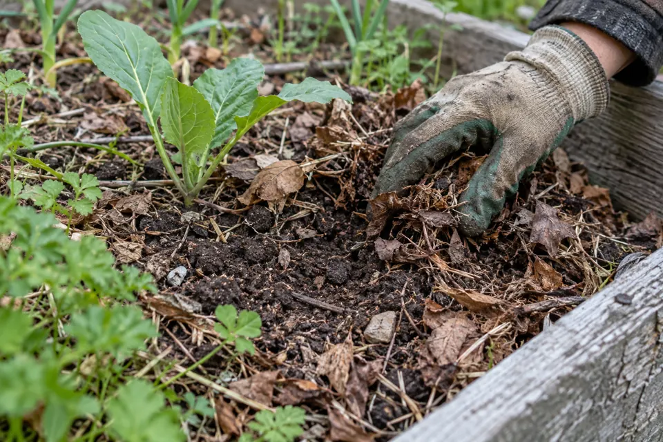 A gloved hand checking dark soil beneath dry leaves and compost mulch.
