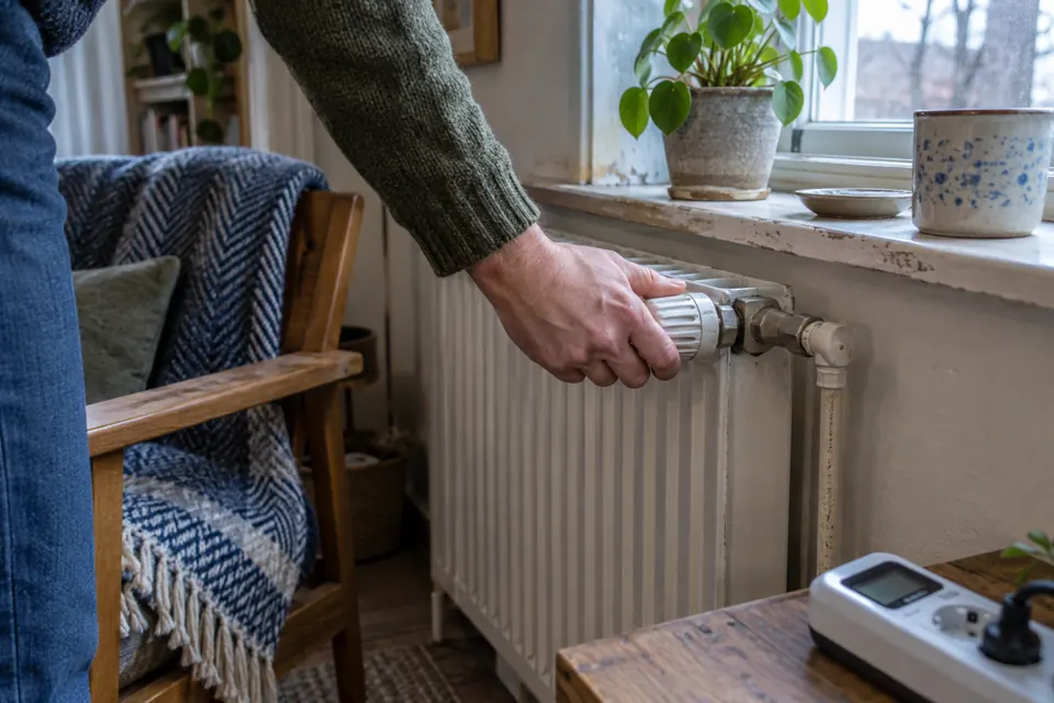 A hand turning down an ordinary radiator thermostat in a lived-in room.