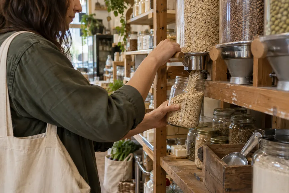 A reusable glass jar being filled at a small neighborhood refill shop.