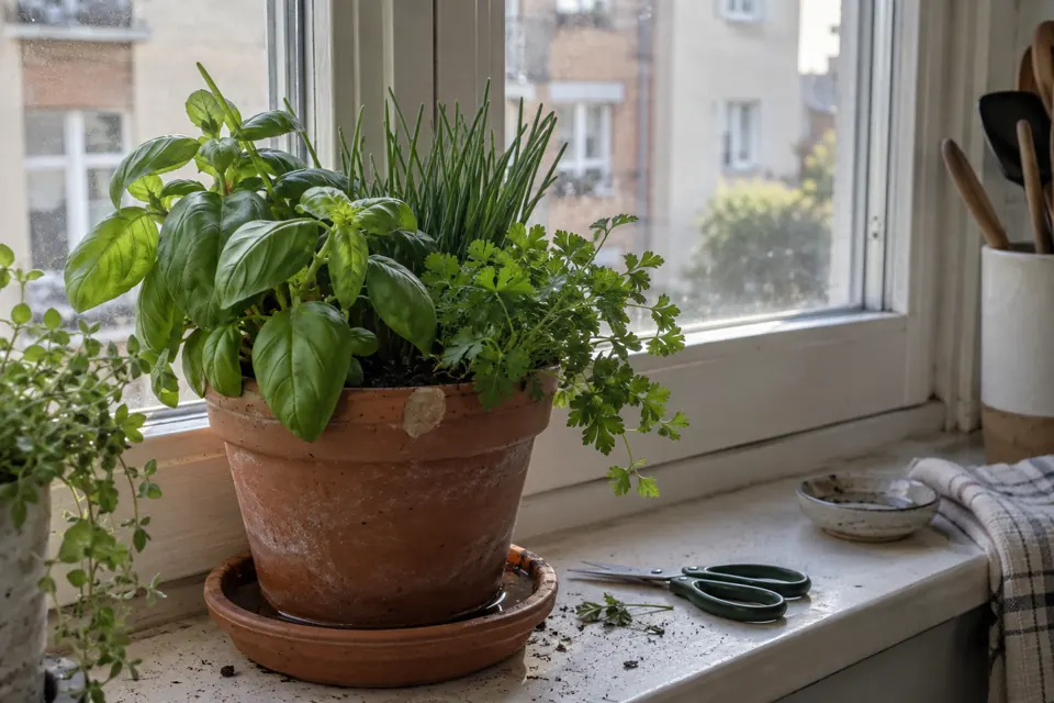 Basil, chives and parsley in mismatched pots on an apartment windowsill.