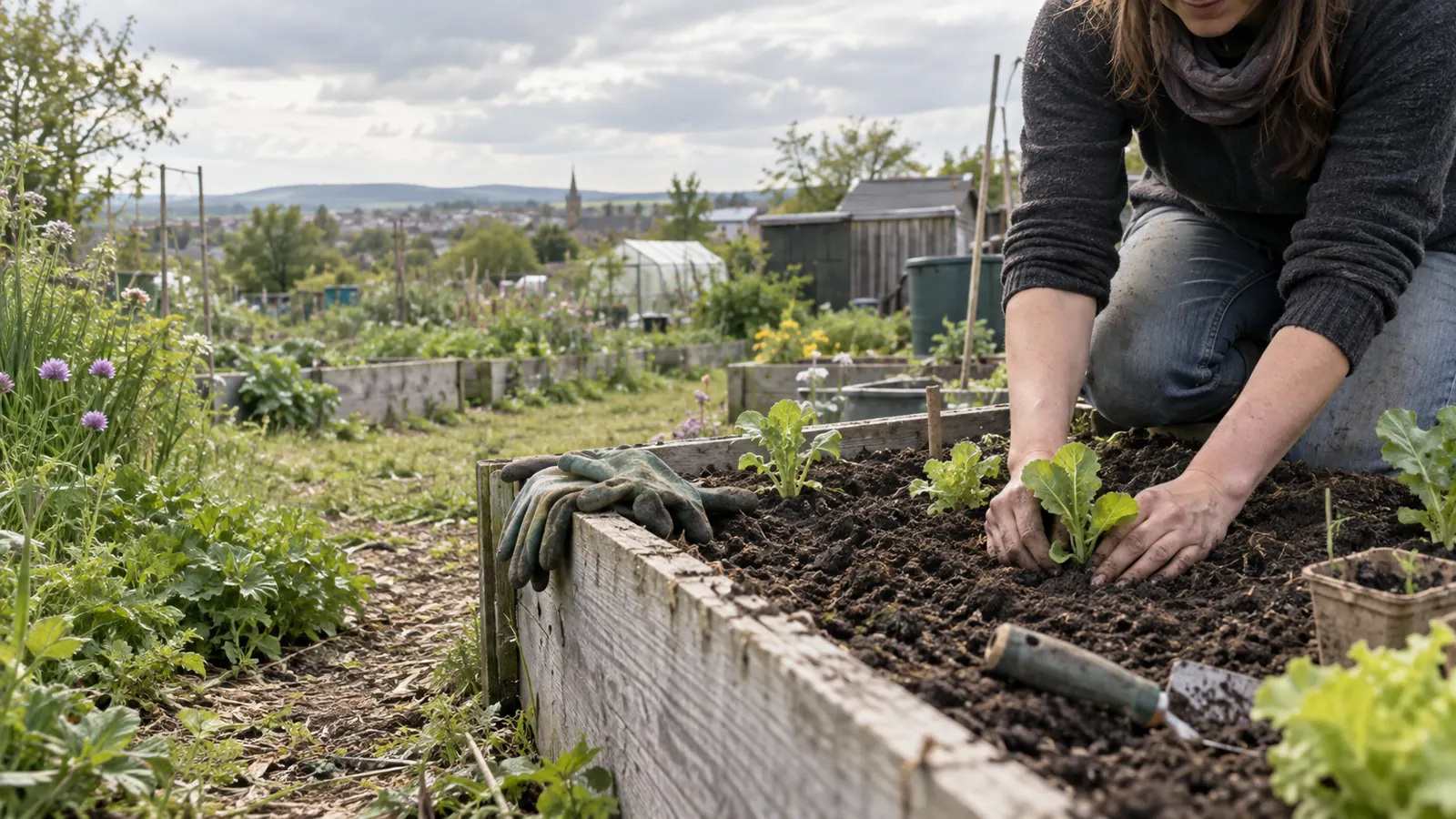 Hands planting a seedling in a weathered raised bed at a shared allotment garden.