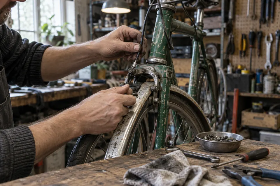 A worn bicycle being repaired on a scratched workbench.