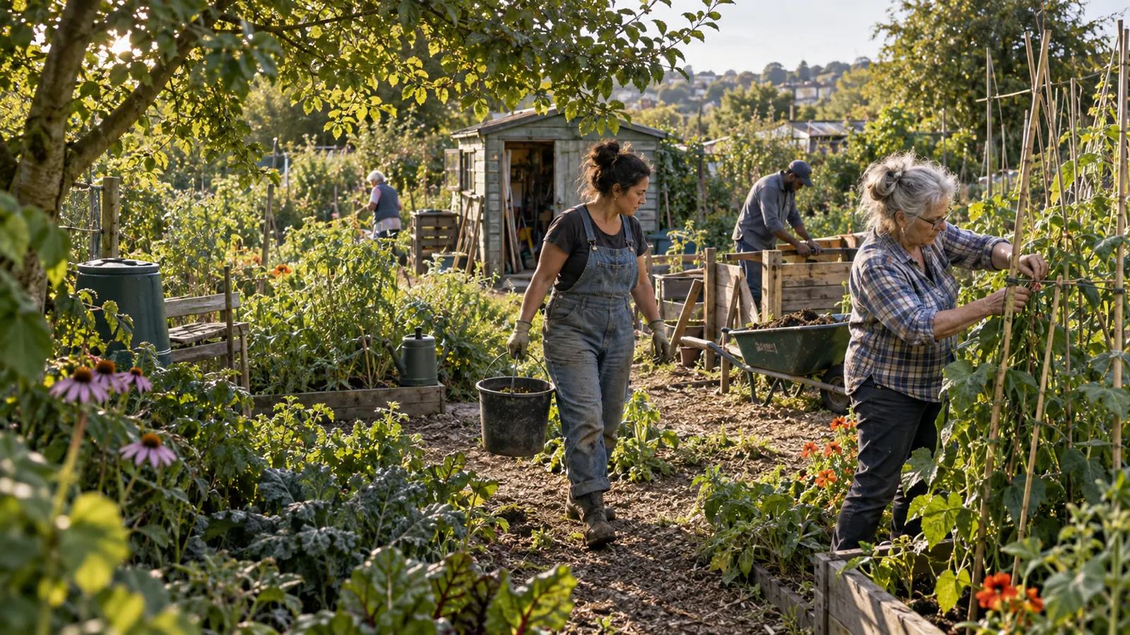 Neighbors of different ages working together in a shared allotment garden.