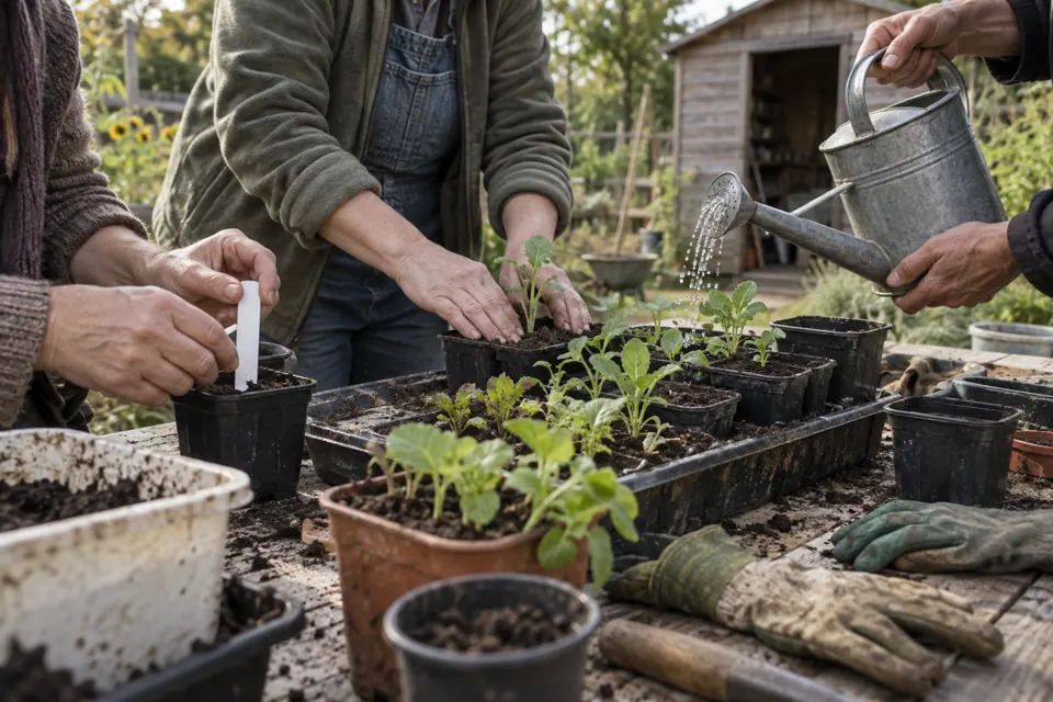 Several pairs of hands working together around a shared seedling tray.