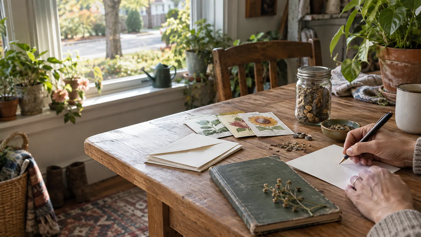 Blank envelopes and seed packets on a lived-in kitchen table ready for a personal note.