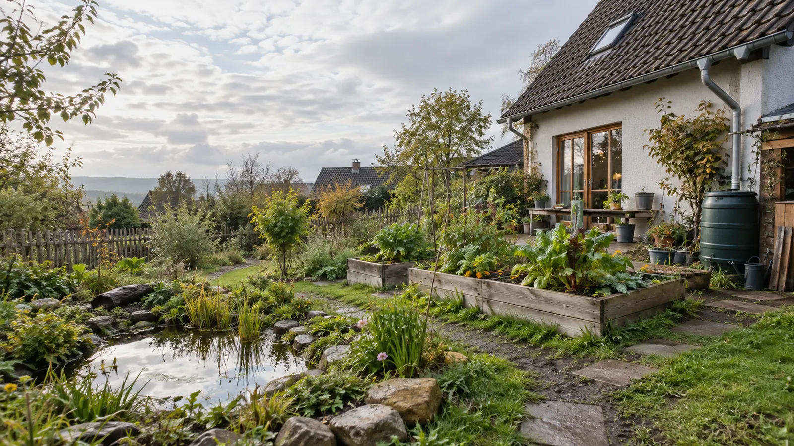 A modest home garden with raised beds, a rain barrel and a small pond after rain.