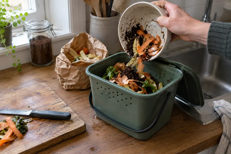 Kitchen compost caddy filled with fresh fruit rinds, vegetable peels, and coffee grounds