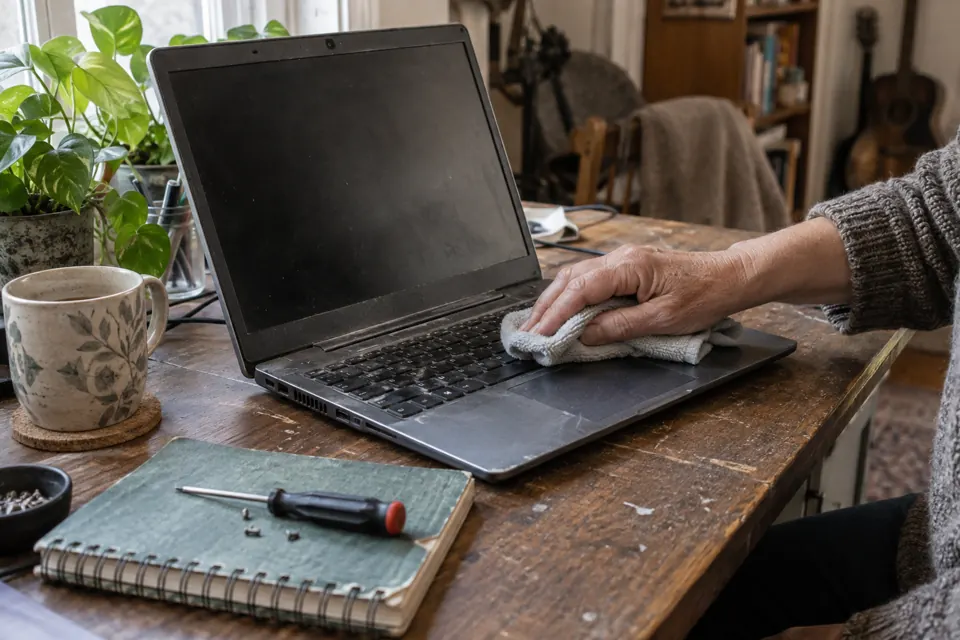 An older laptop being cleaned and repaired with a small hand tool.