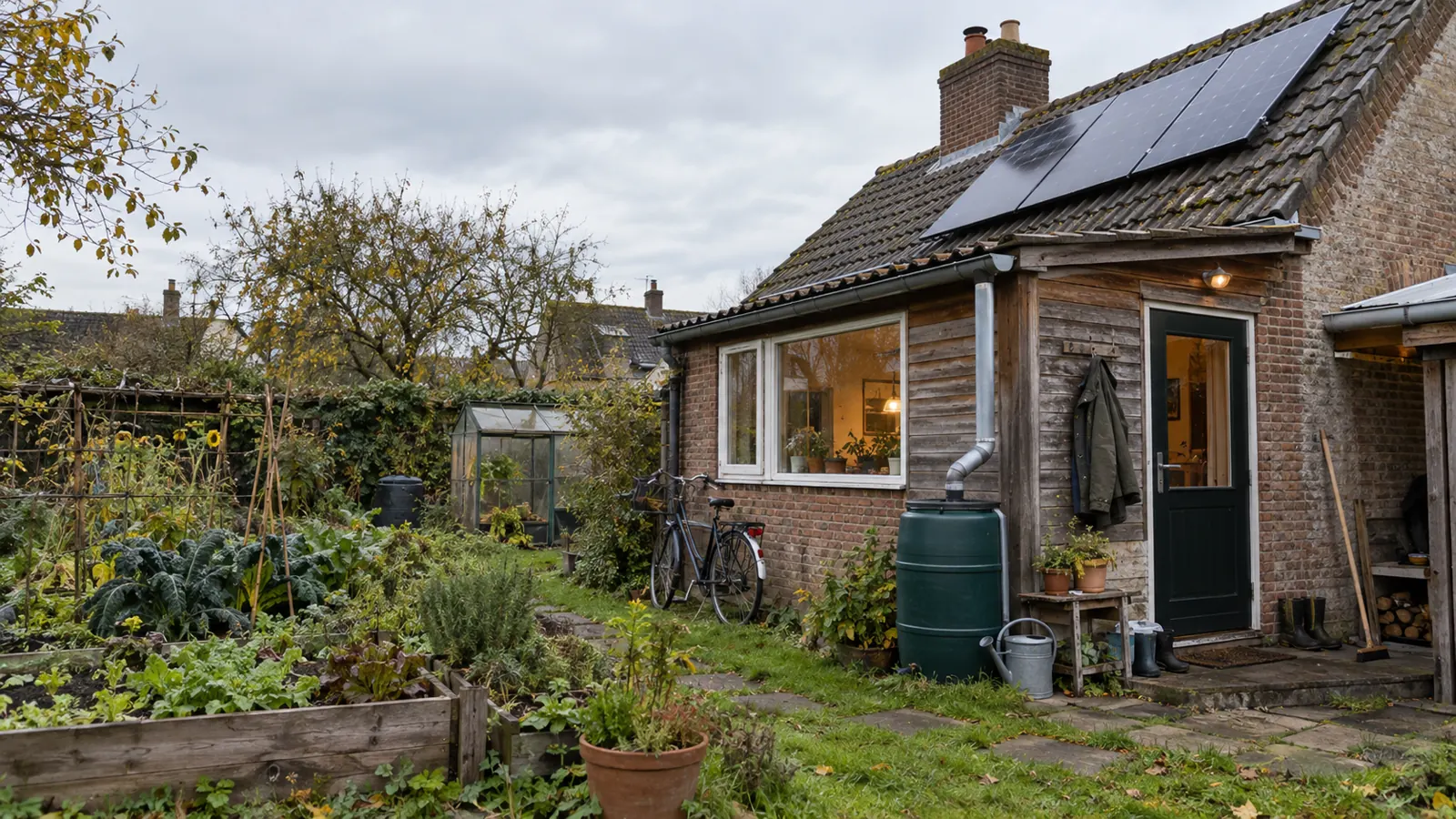 A modest sustainable home with solar panels, a rain barrel, and a garden