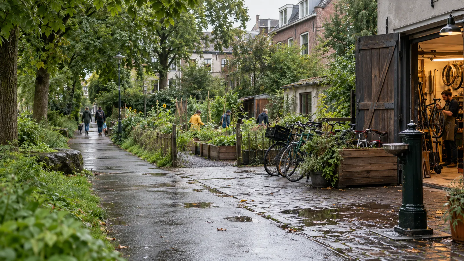 A leafy neighborhood path near a workshop and shared resources