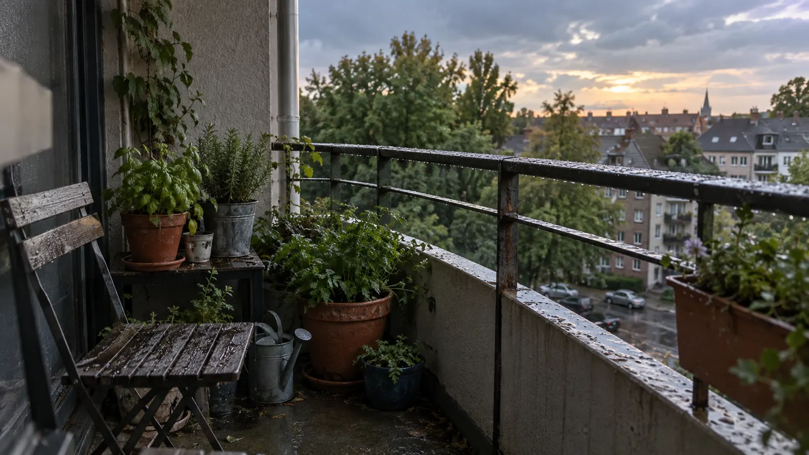 Herbs in mismatched pots on a rain-wet apartment balcony overlooking ordinary rooftops.