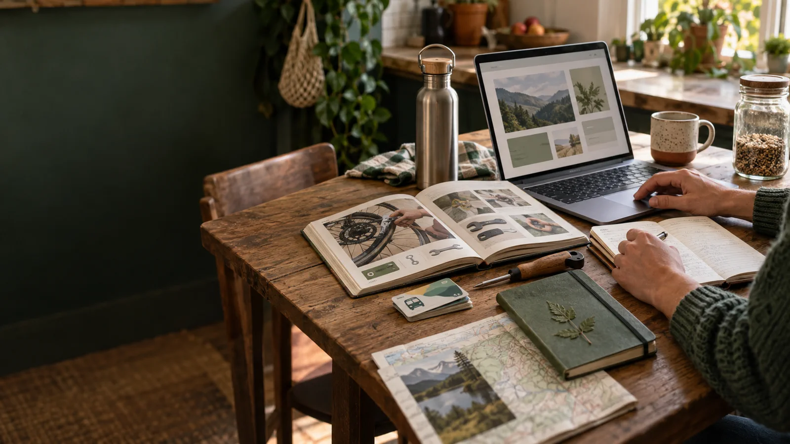 A laptop, repair guide, notebook, map and reusable bottle arranged on an everyday wooden table.