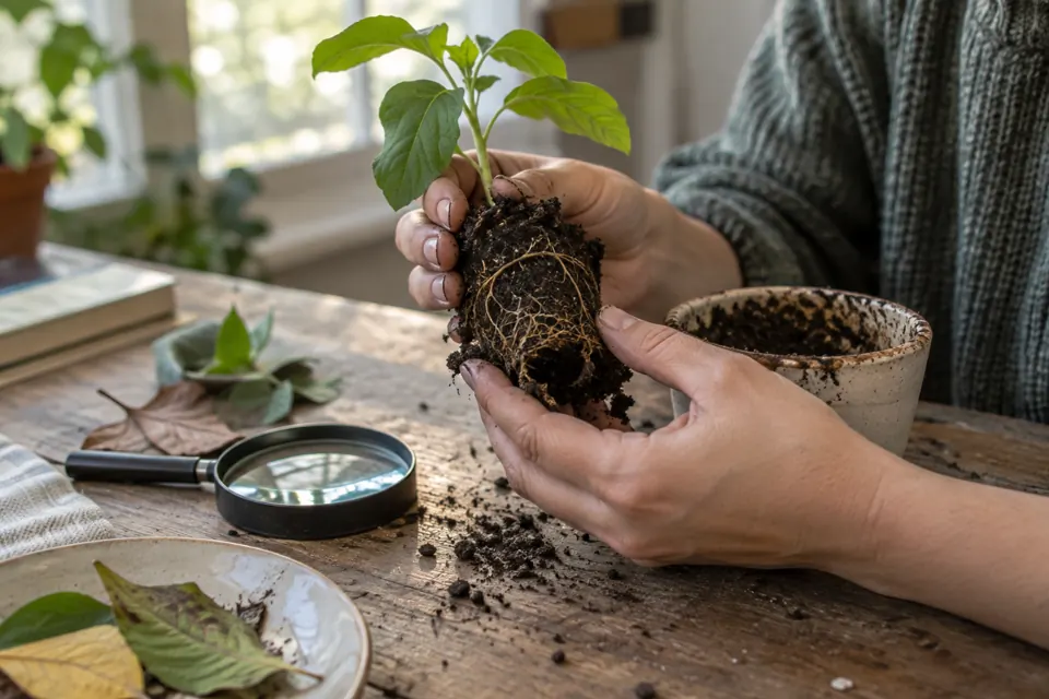 Hands examining the roots and soil of a small seedling.