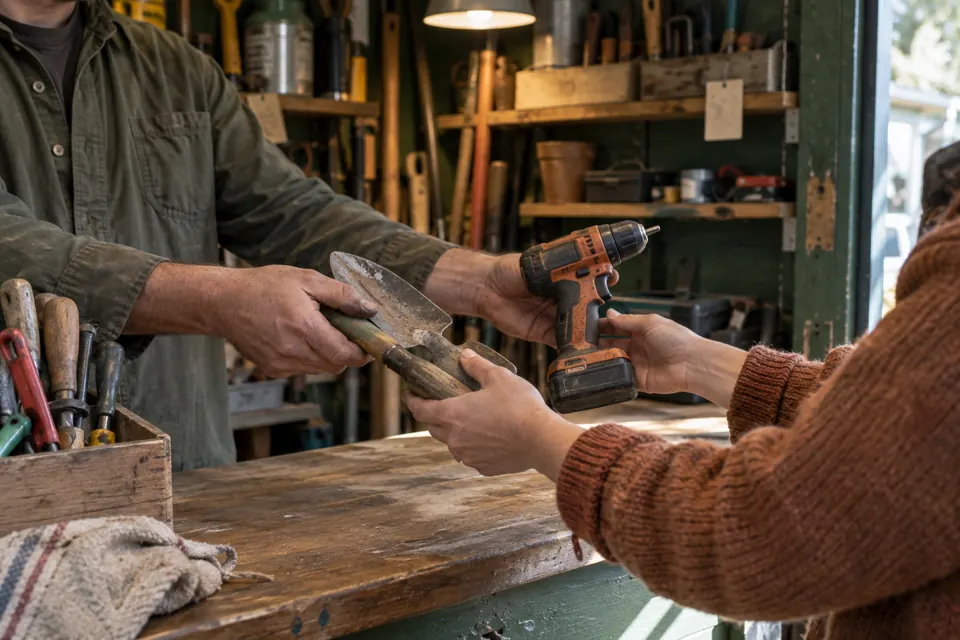 Neighbors passing a used hand tool across a shared tool-library counter.