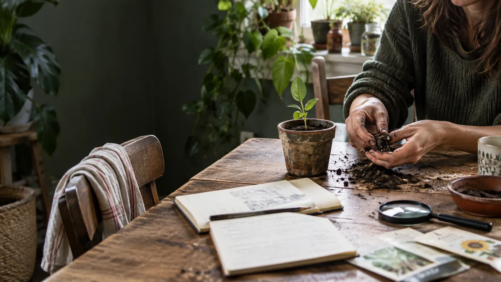 Hands examining soil and a seedling at a worn kitchen table.