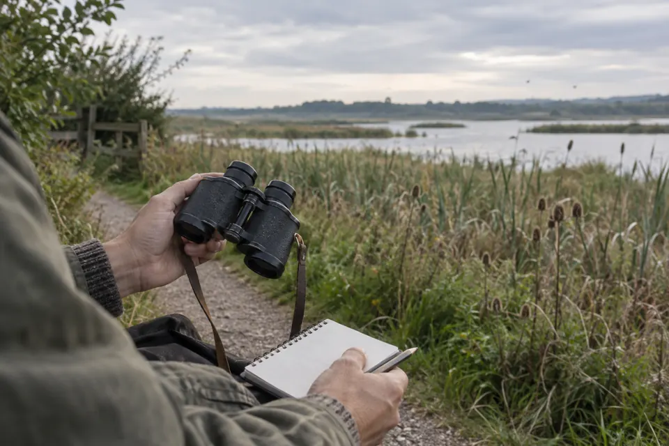 Kikare och anteckningsbok bredvid en vassbevuxen våtmarksstig.
