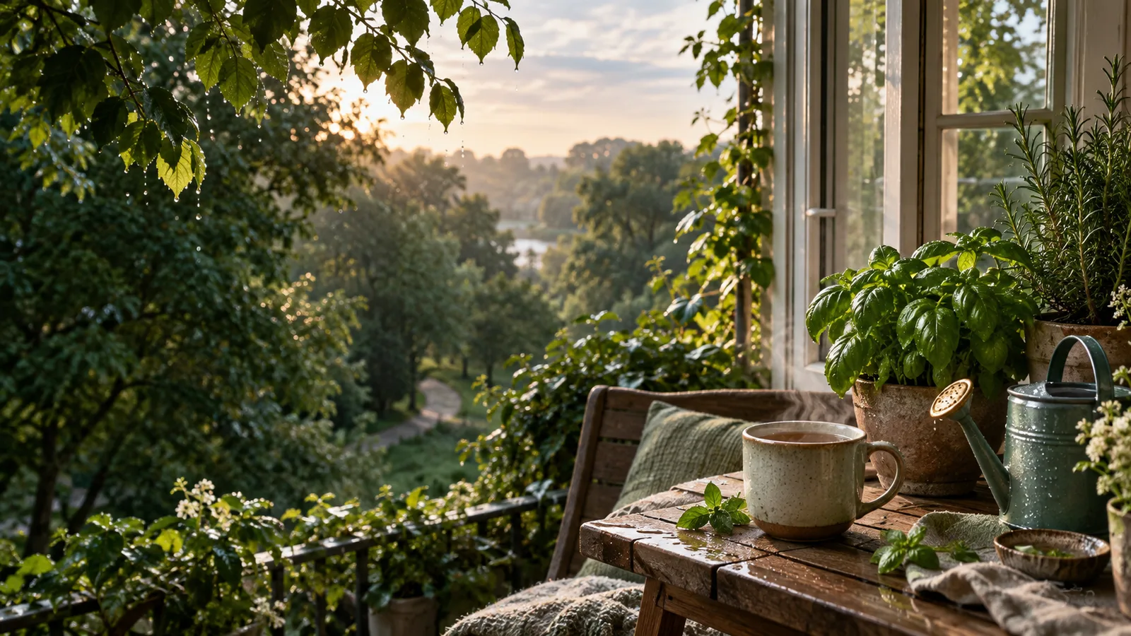 Herbs growing on a rain-wet balcony beside a warm cup of tea