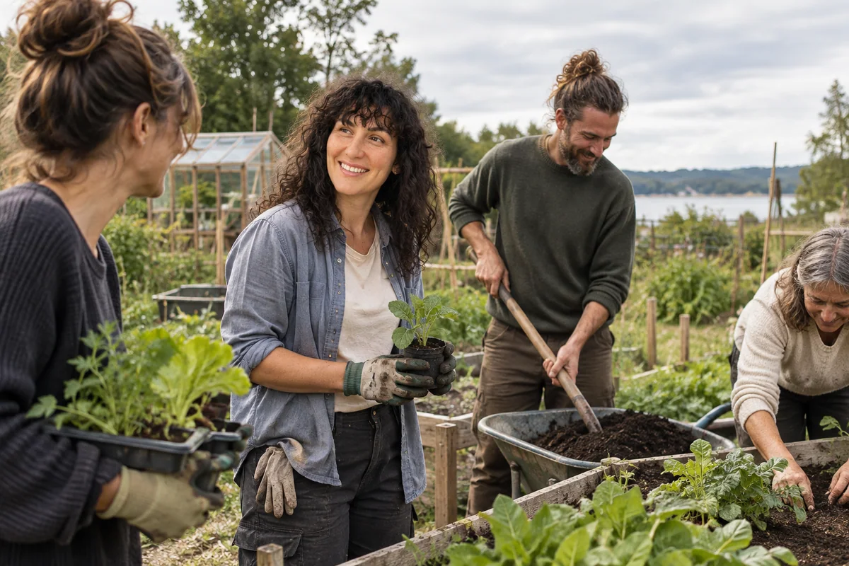 Samantha planting a seedling with other gardeners in a community garden.
