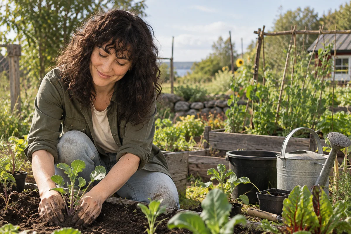 Samantha planting a seedling in a raised vegetable bed.