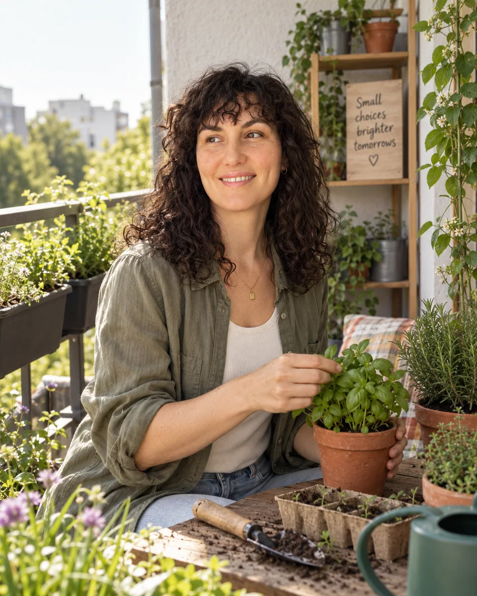 Herbs and microgreens being potted in recycled containers on an apartment balcony