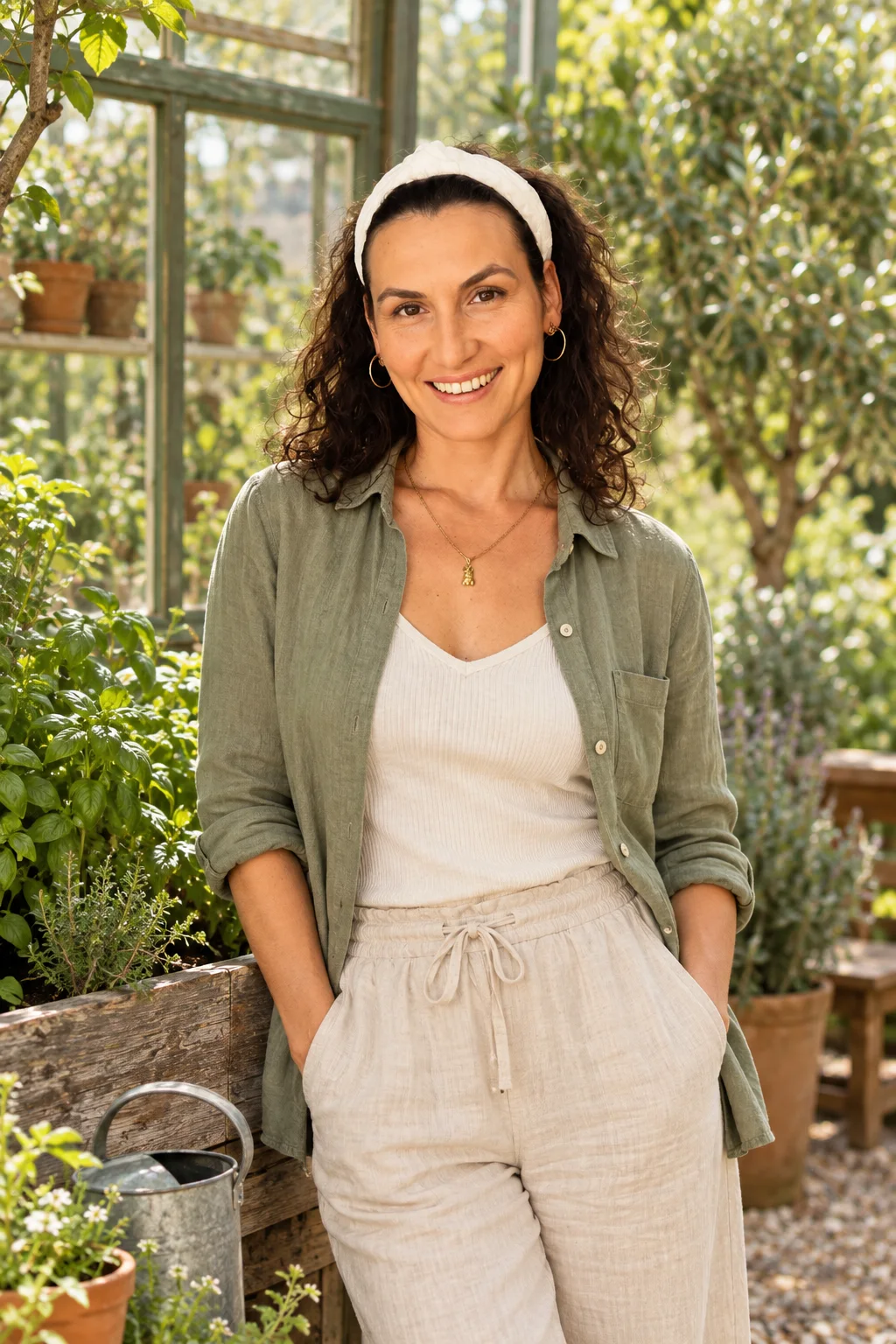 Samantha smiling in a calm, leafy greenhouse setting.